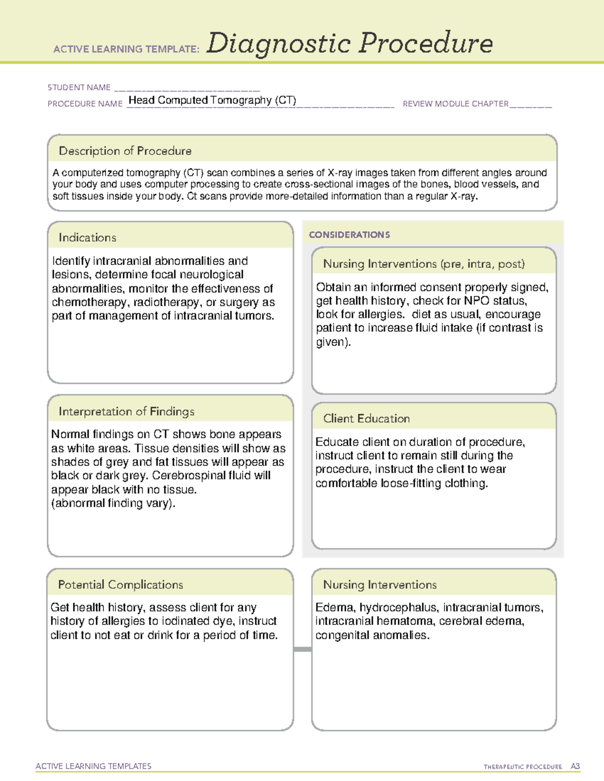 ATI Diagnostic Procedure CT ACTIVE LEARNING TEMPLATES THERAPEUTIC 