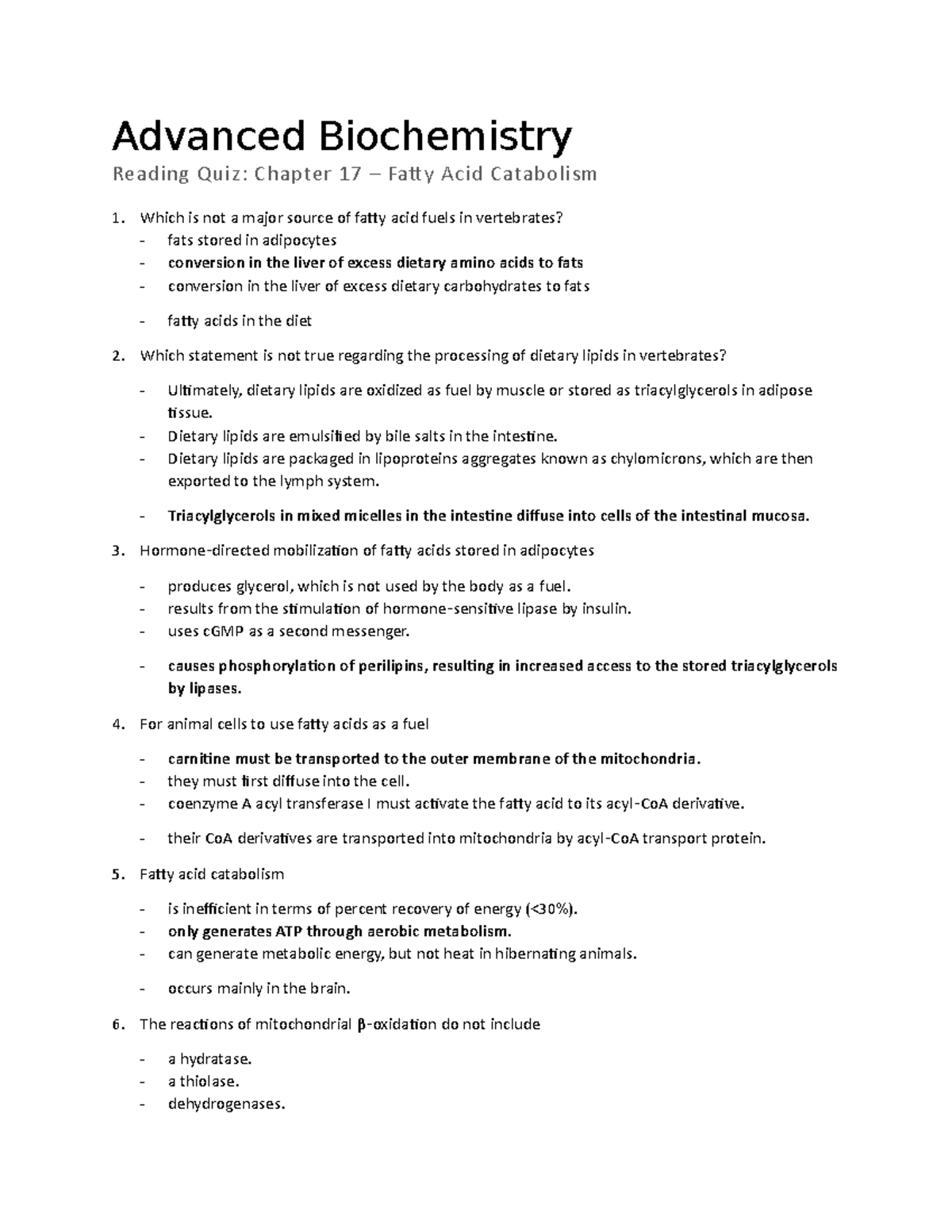 [sapling] Ch 17 Reading Quiz - Advanced Biochemistry Reading Quiz 