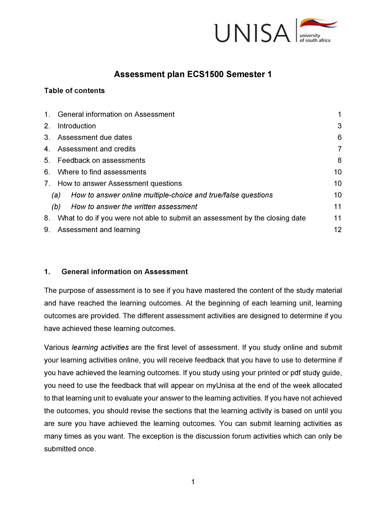 Assessment plan ECS1500 Semester 1 2023 - At the beginning of each ...