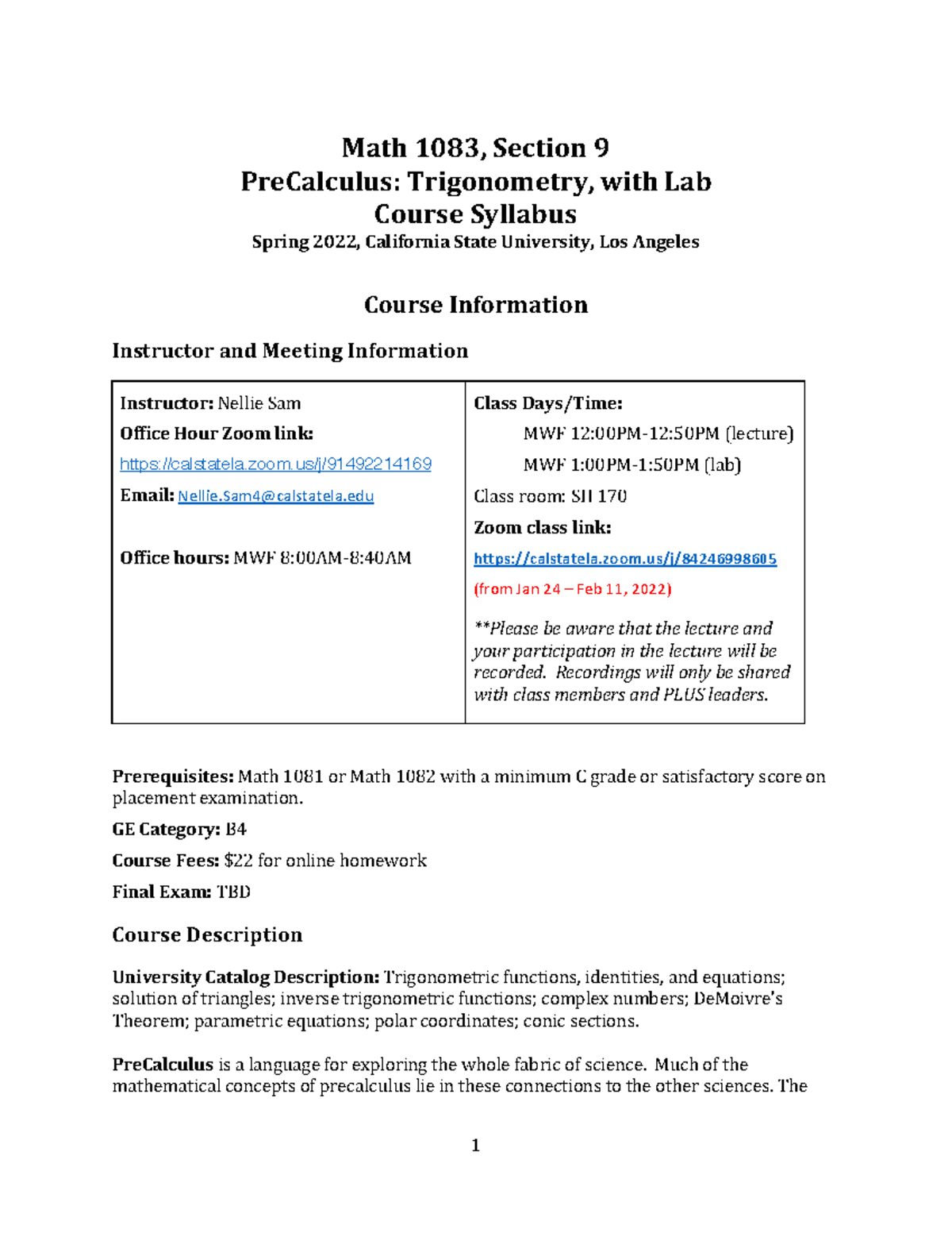 Math 10839 Syllabus Spring 2022 Math 1083, Section 9 PreCalculus