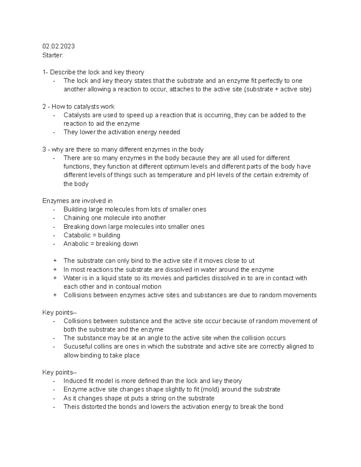 2.5 - Enzymes - IB biology SL - 02. Starter: 1- Describe the lock and ...