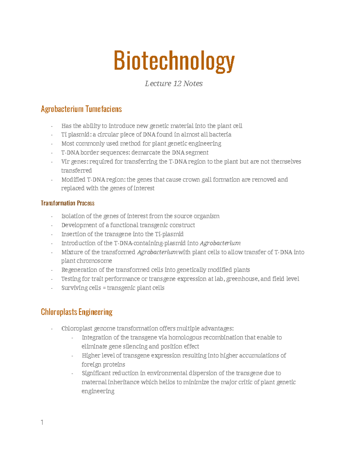 Biotechnology Weeks 8 - Biotechnology Lecture 12 Notes Agrobacterium ...