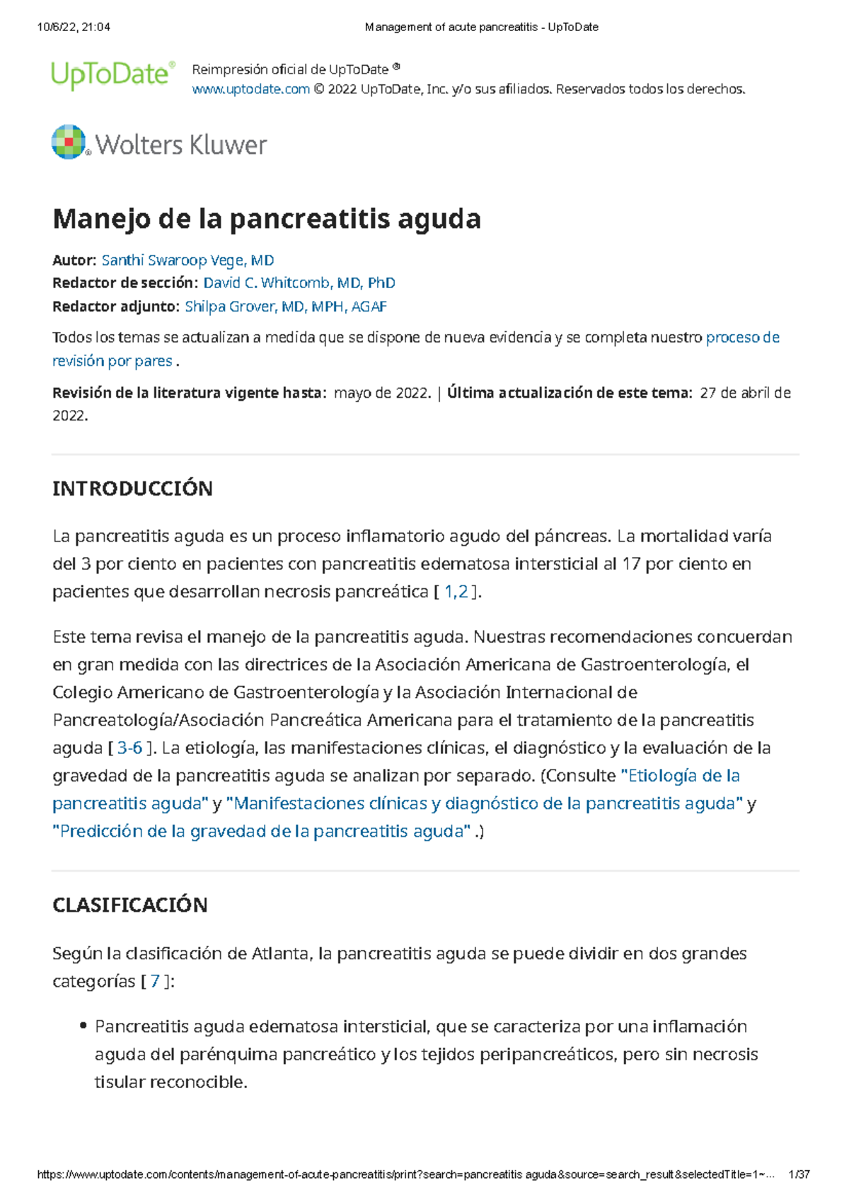 Management of acute pancreatitis Up To Date Studocu