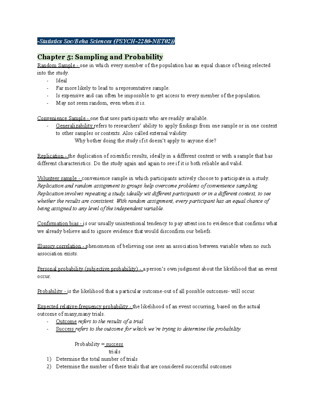 Unit 2 - Sampling and Probability -Statistics Soc/Beha Sciences (PSYCH ...