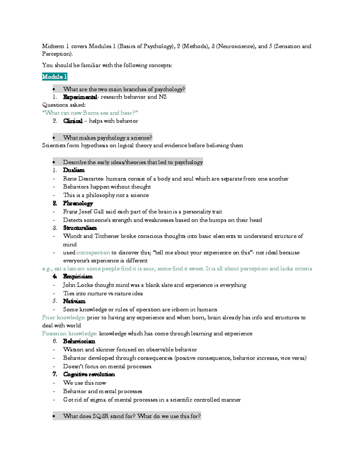 Psy1101 Midterm 1 Review Midterm 1 Covers Modules 1 Basics Of