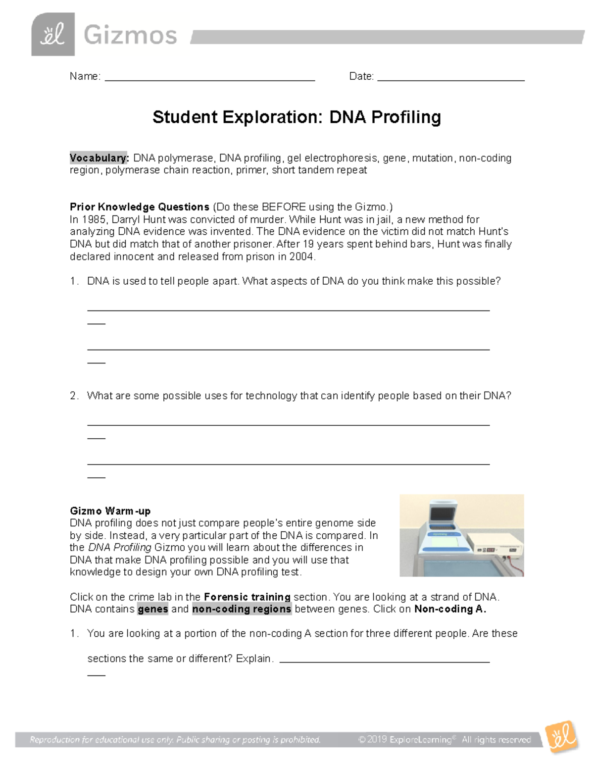 Gizmos DNA Profiling Worksheet Name Date Student Exploration DNA Thumb 1200 1553