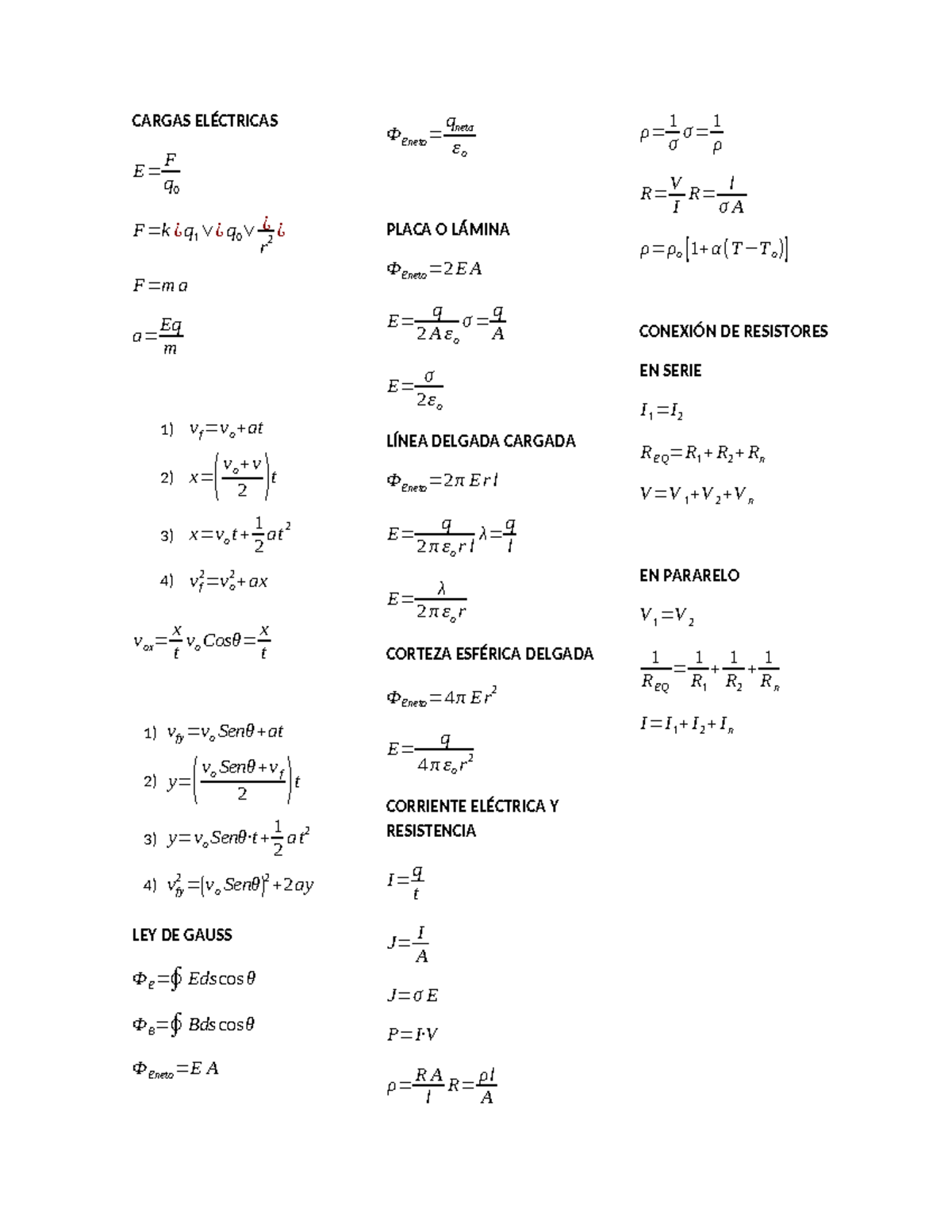 Formulario Física 3 - .... - CARGAS ELÉCTRICAS E= F q 0 F=k ¿ q 1 ∨¿ q ...