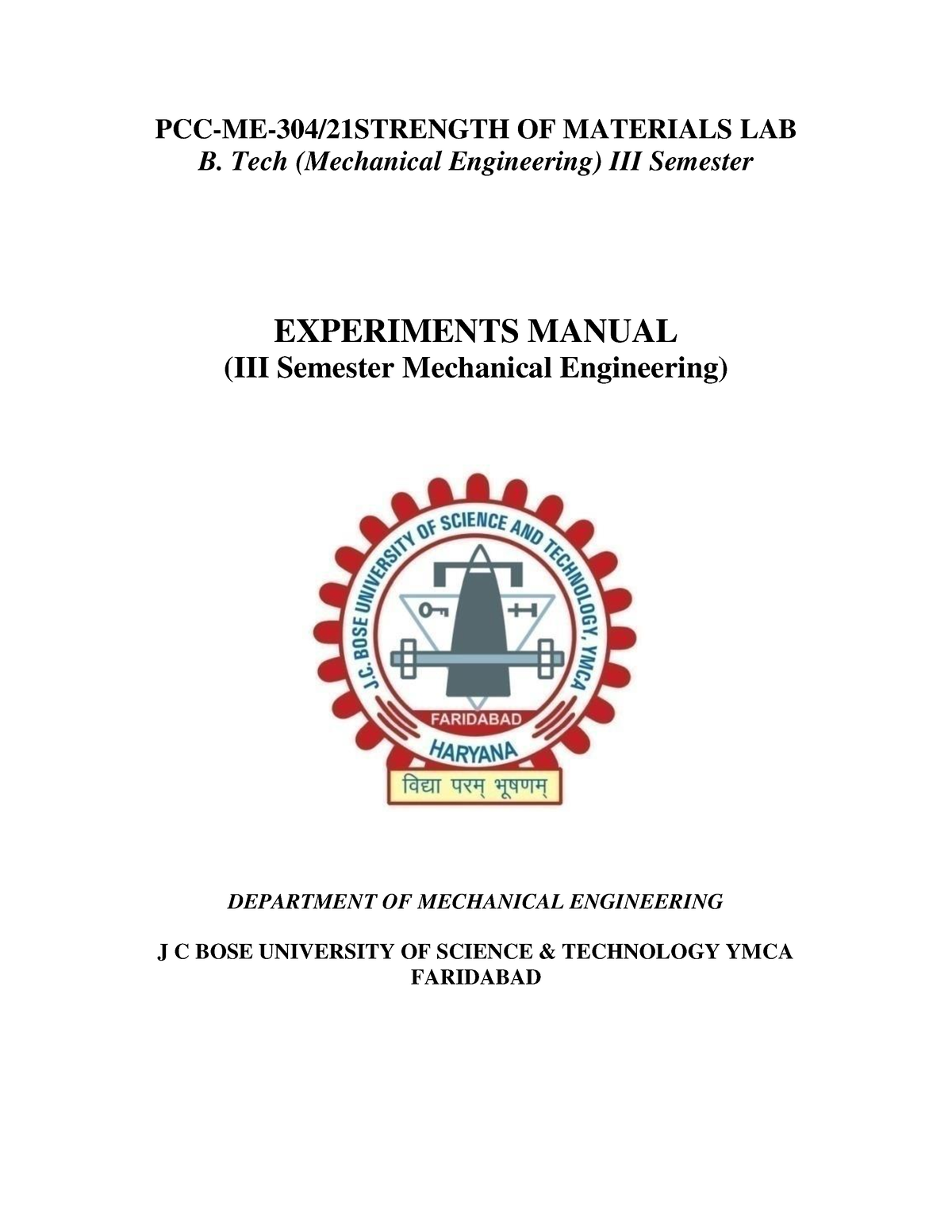 SOM Laboratory Mannual - PCC-ME-304/21STRENGTH OF MATERIALS LAB B. Tech ...