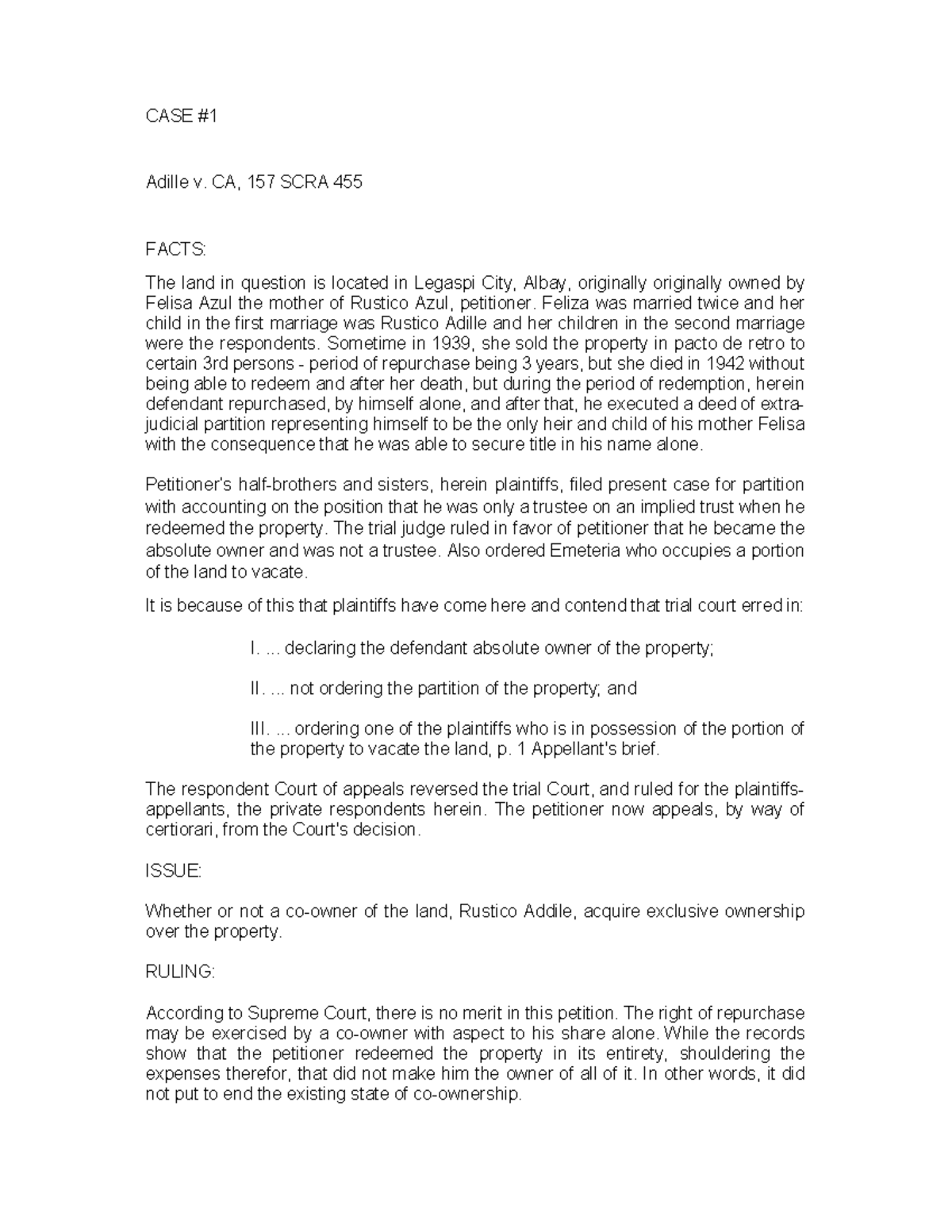 1 - Adille v. CA, 157 SCRA 455 - CASE Adille v. CA, 157 SCRA 455 FACTS ...
