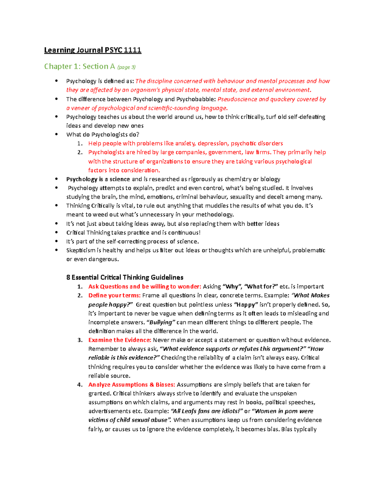 Learning Journal PSYC 1111 Chapter 1 - The Diference Between Psychology ...