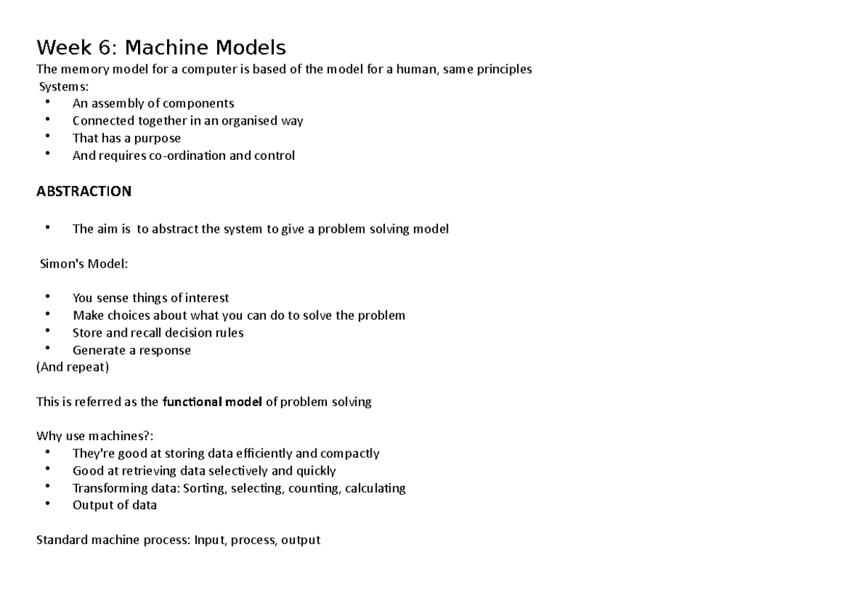 Week 6 Machine Models - Week 6: Machine Models The memory model for a ...