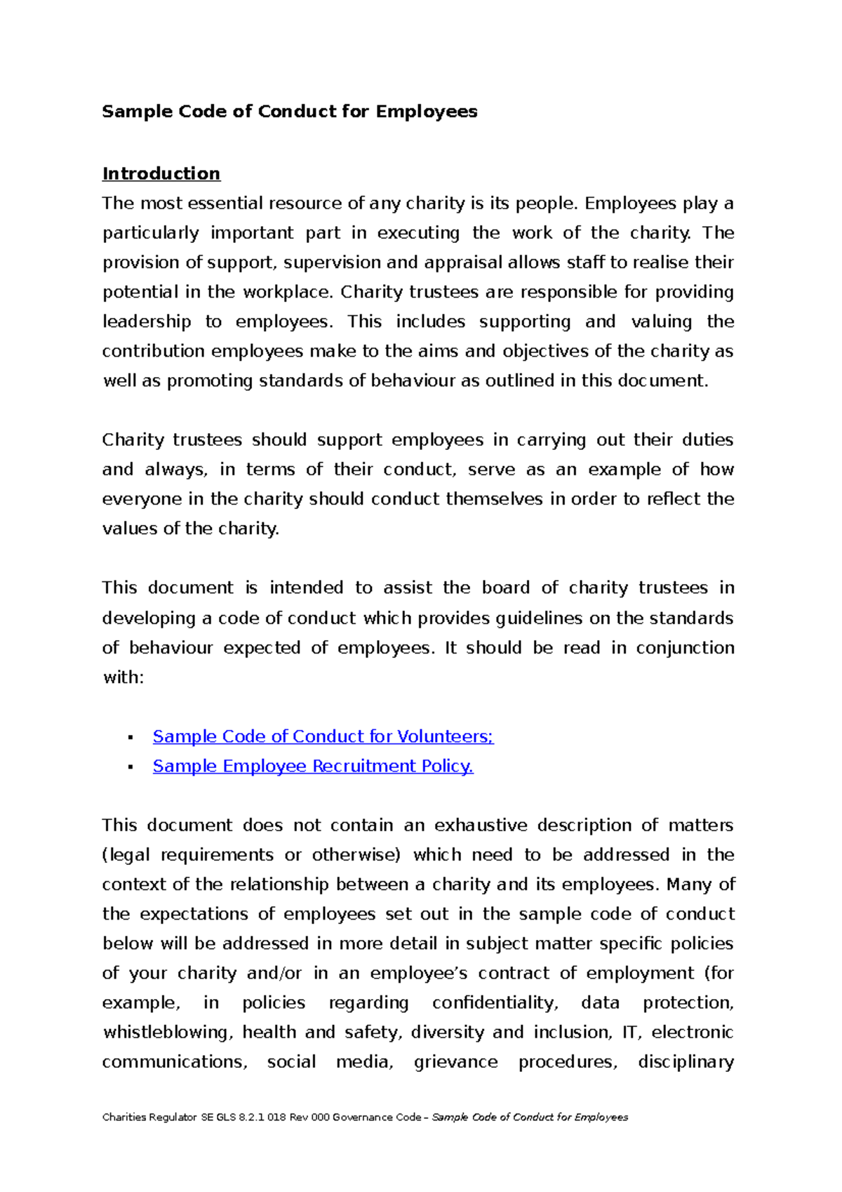 Sample code of conduct for employees - Sample Code of Conduct for ...
