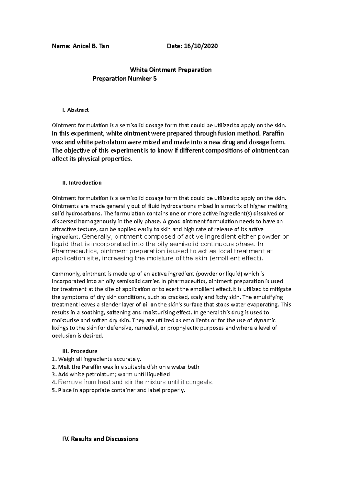 Ointment LAB Report - Name: Anicel B. Tan Date: 16/10/ White Ointment ...