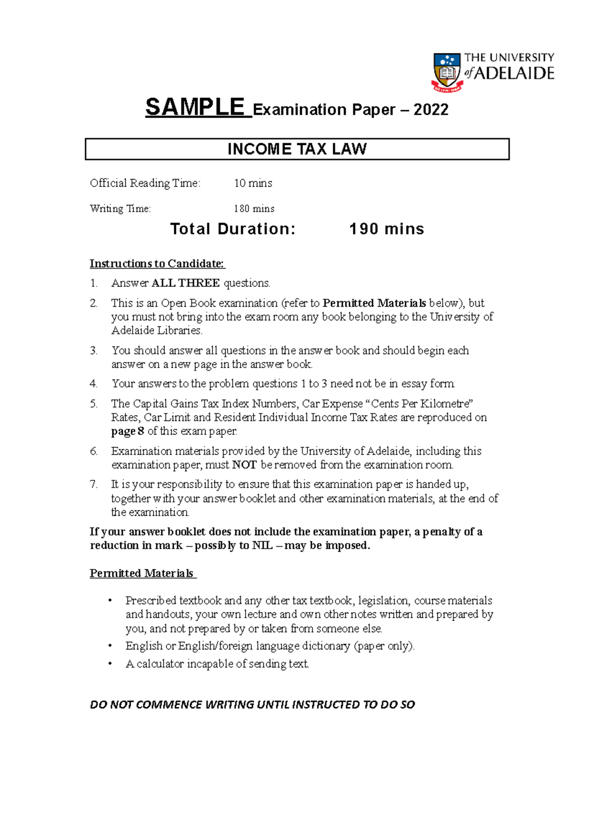 Sample Exam 2022 - SAMPLE Examination Paper – 2022 INCOME TAX LAW ...