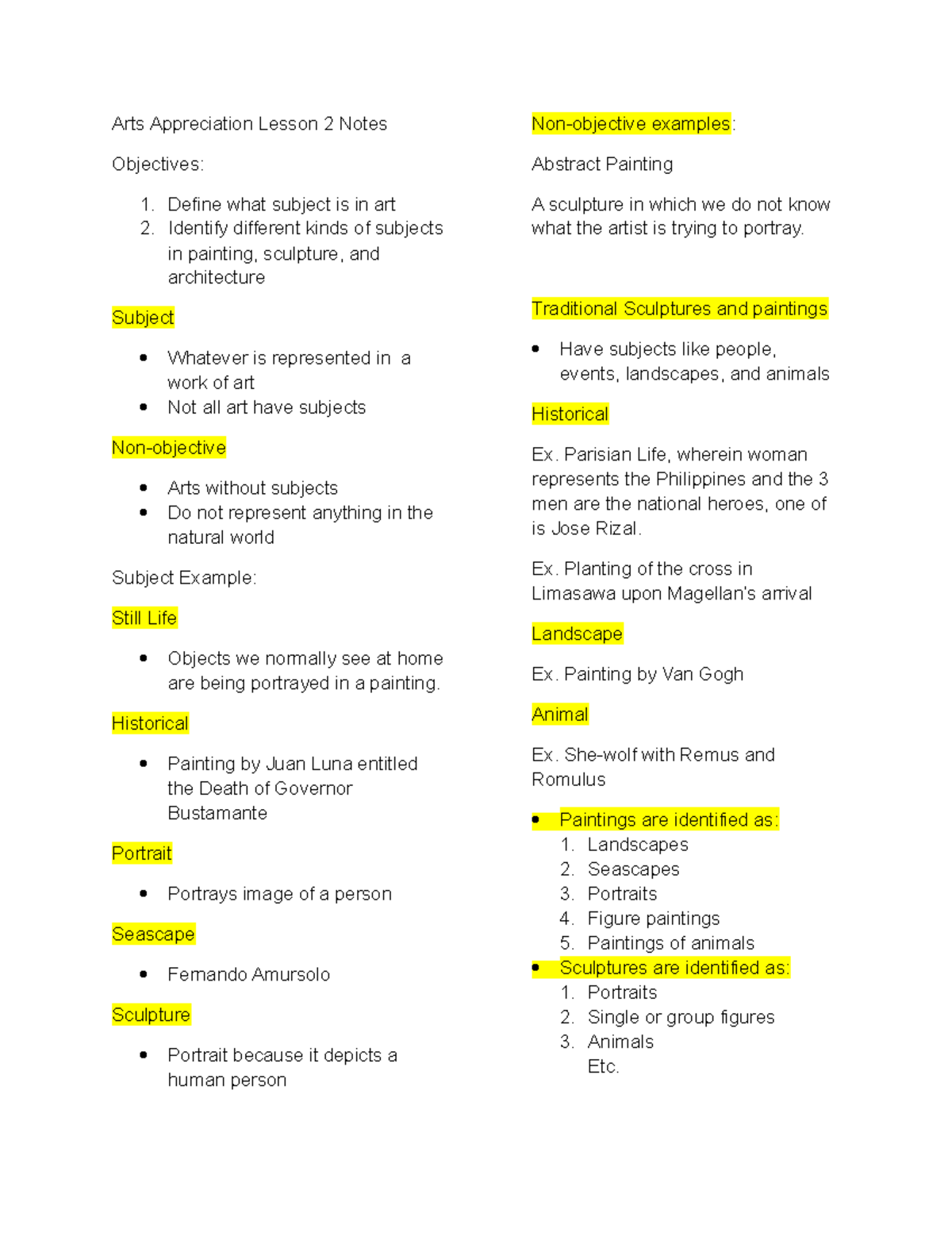 Arts Appreciation Lesson 2 Notes Bachelor of Secondary Education