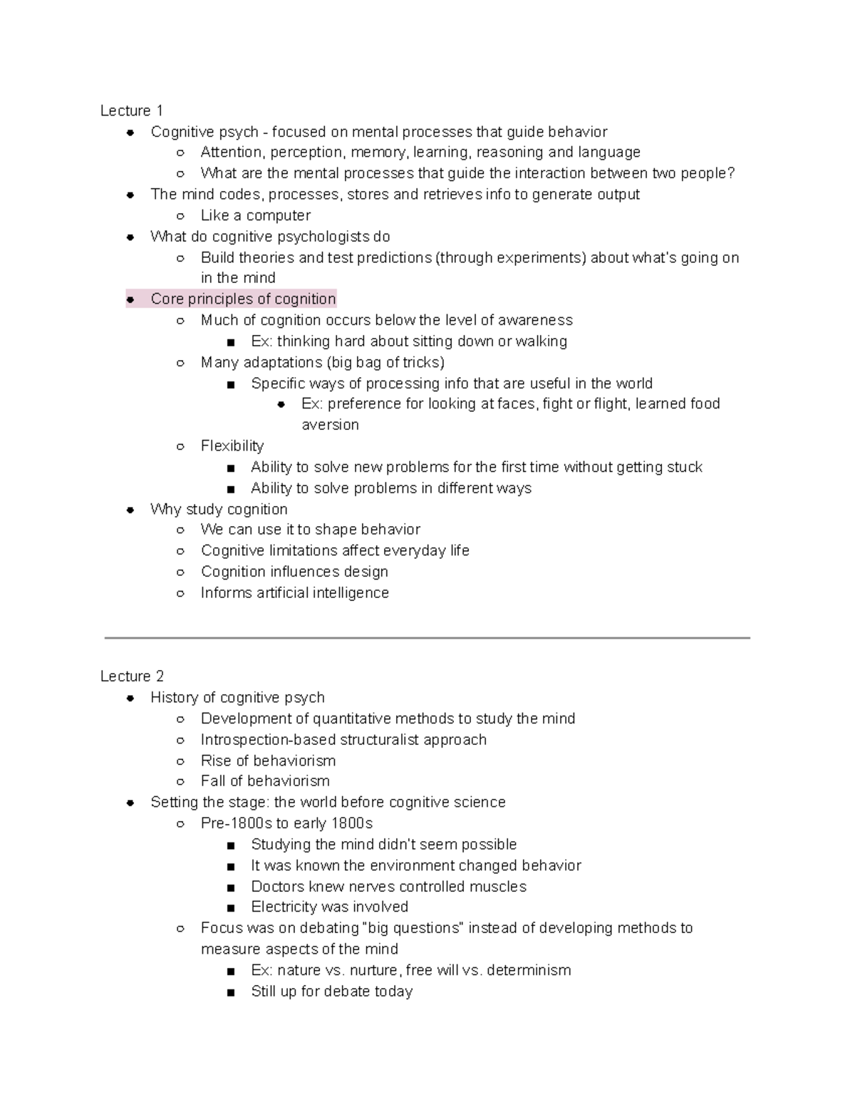 Cognitive Psych Exam 1 - N/A - Lecture 1 Cognitive psych - focused on ...