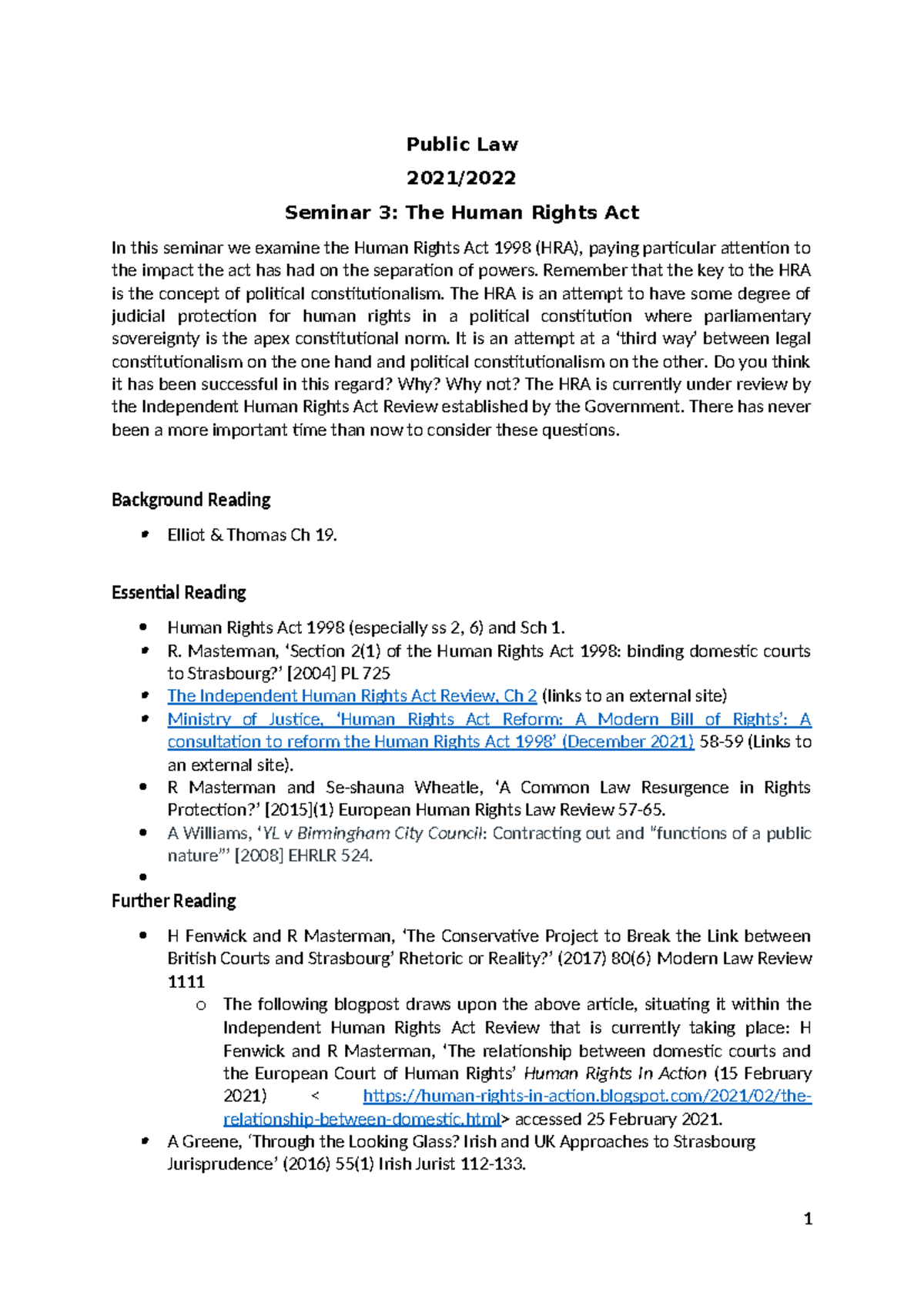 Public Law seminar 3 2122 - Public Law 2021/ Seminar 3: The Human ...