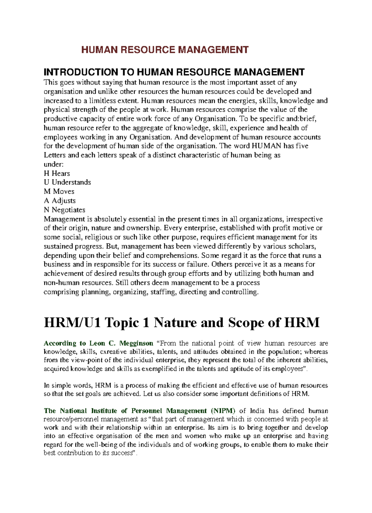 Complete notes of hrm - HUMAN RESOURCE MANAGEMENT INTRODUCTION TO HUMAN ...