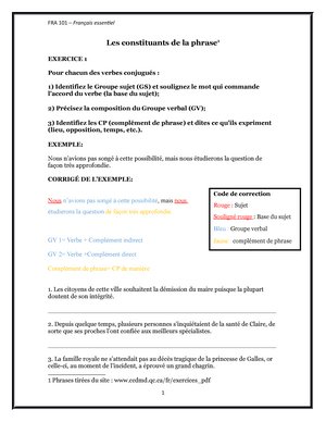 Les Constituants De La Phrase Exercice Fra 101 Francais Essentiel Les Constituants De La Phrase Studocu