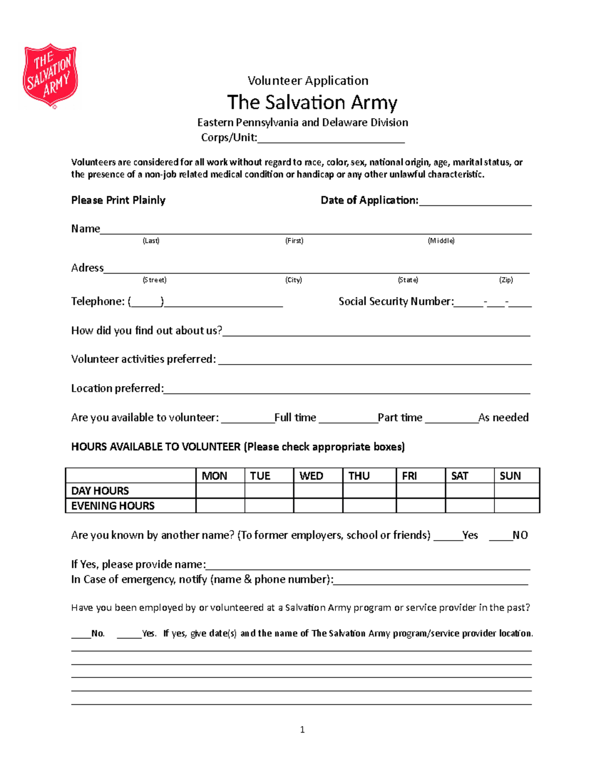 Volunteer Application Please Print Plainly Date Of Application 