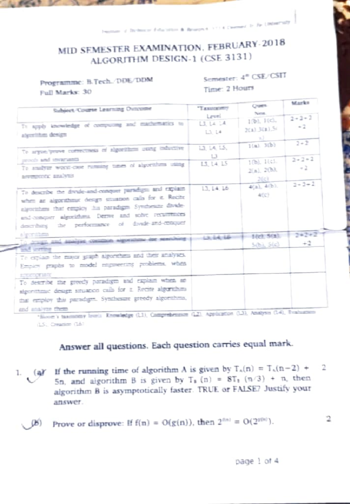 AD 2018 - Algorithm design midsem questions - MID SEMESTER EXAMINATION ...