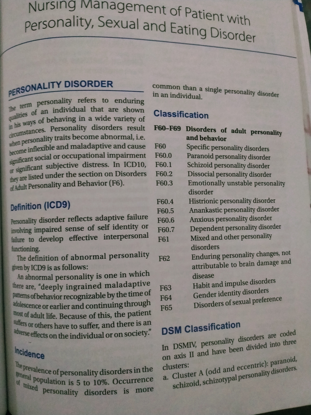 Personality disorder, psychiatric nursing - Psychiatry - Studocu