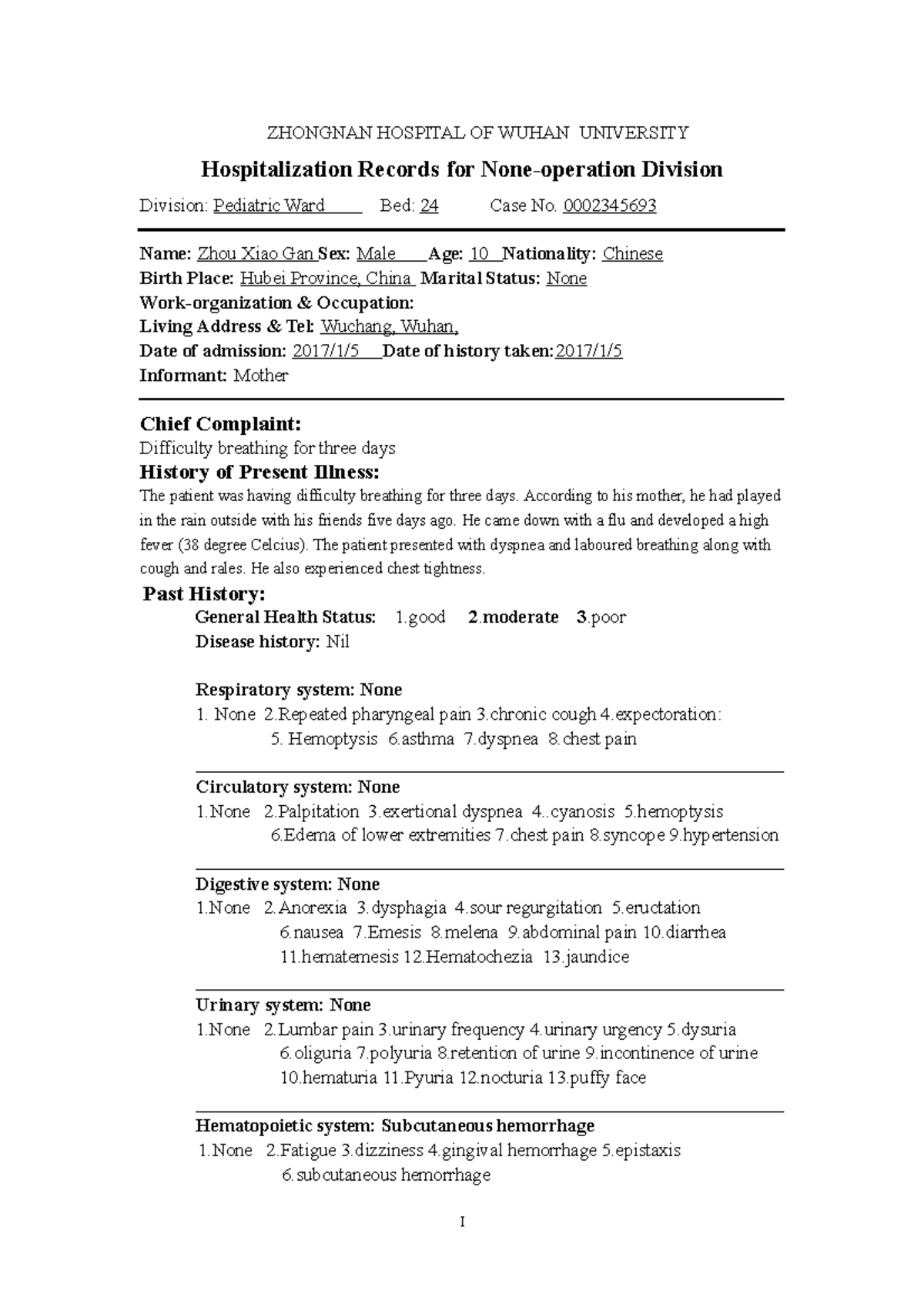 Elective 1 - clinical notes - ZHONGNAN HOSPITAL OF WUHAN UNIVERSITY ...