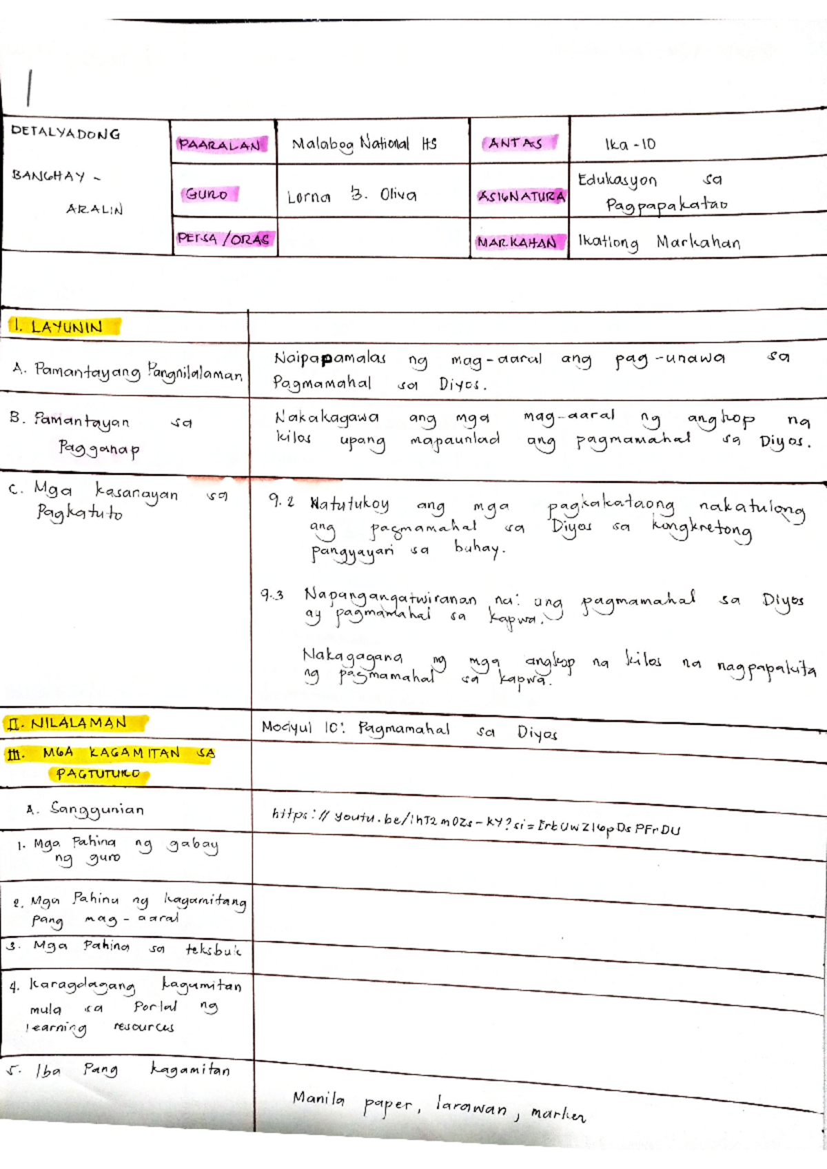 Lesson plan week 2 - BSED Values Education - Studocu