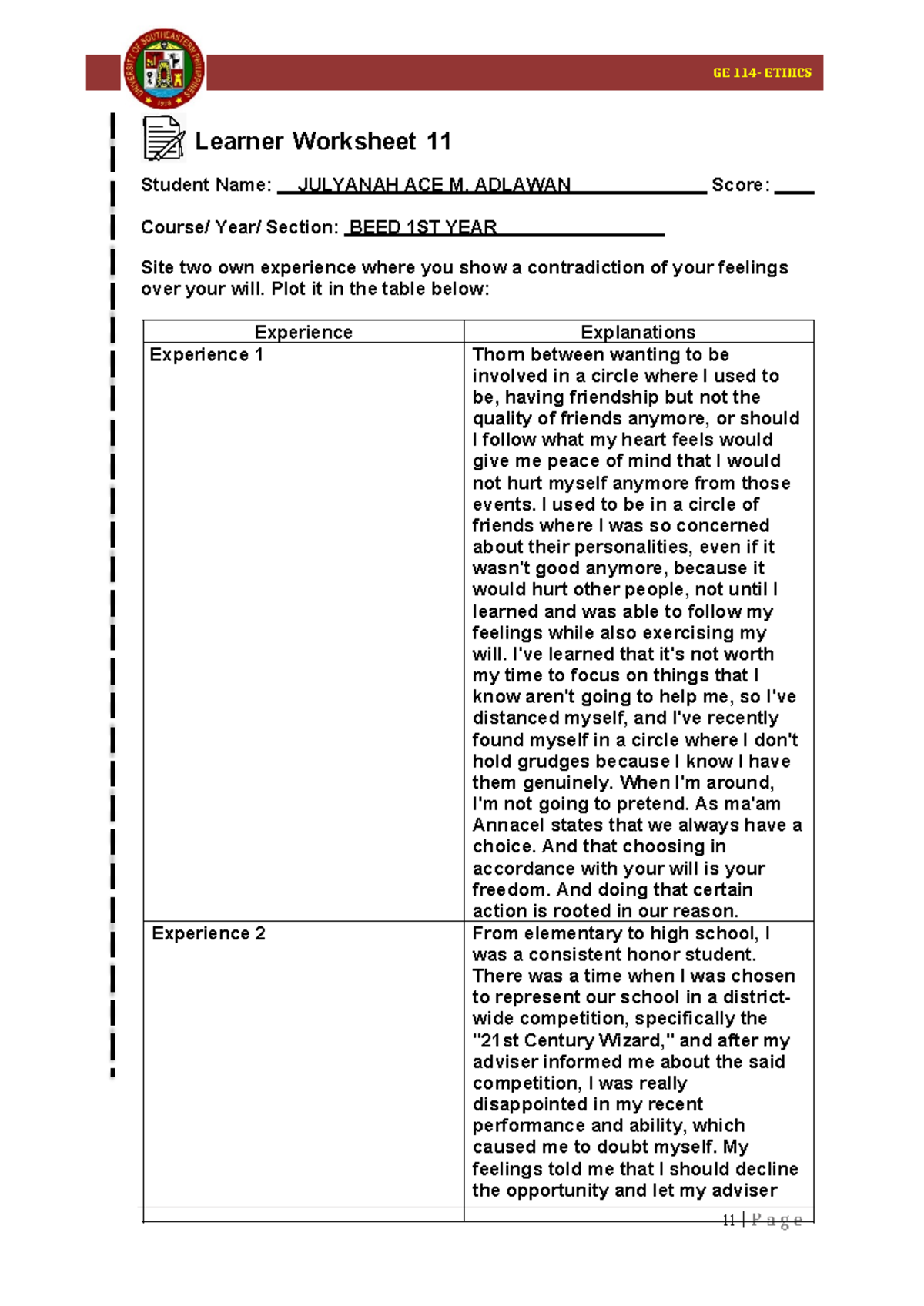 Ethics Application Assignments 11 P A G E Ge 114 Ethics Learner