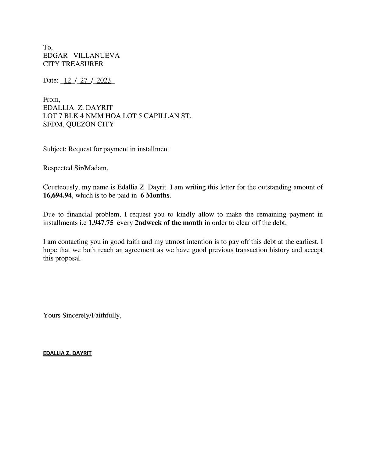 Letter OF Installment - To, EDGAR VILLANUEVA CITY TREASURER Date: _ 12 ...