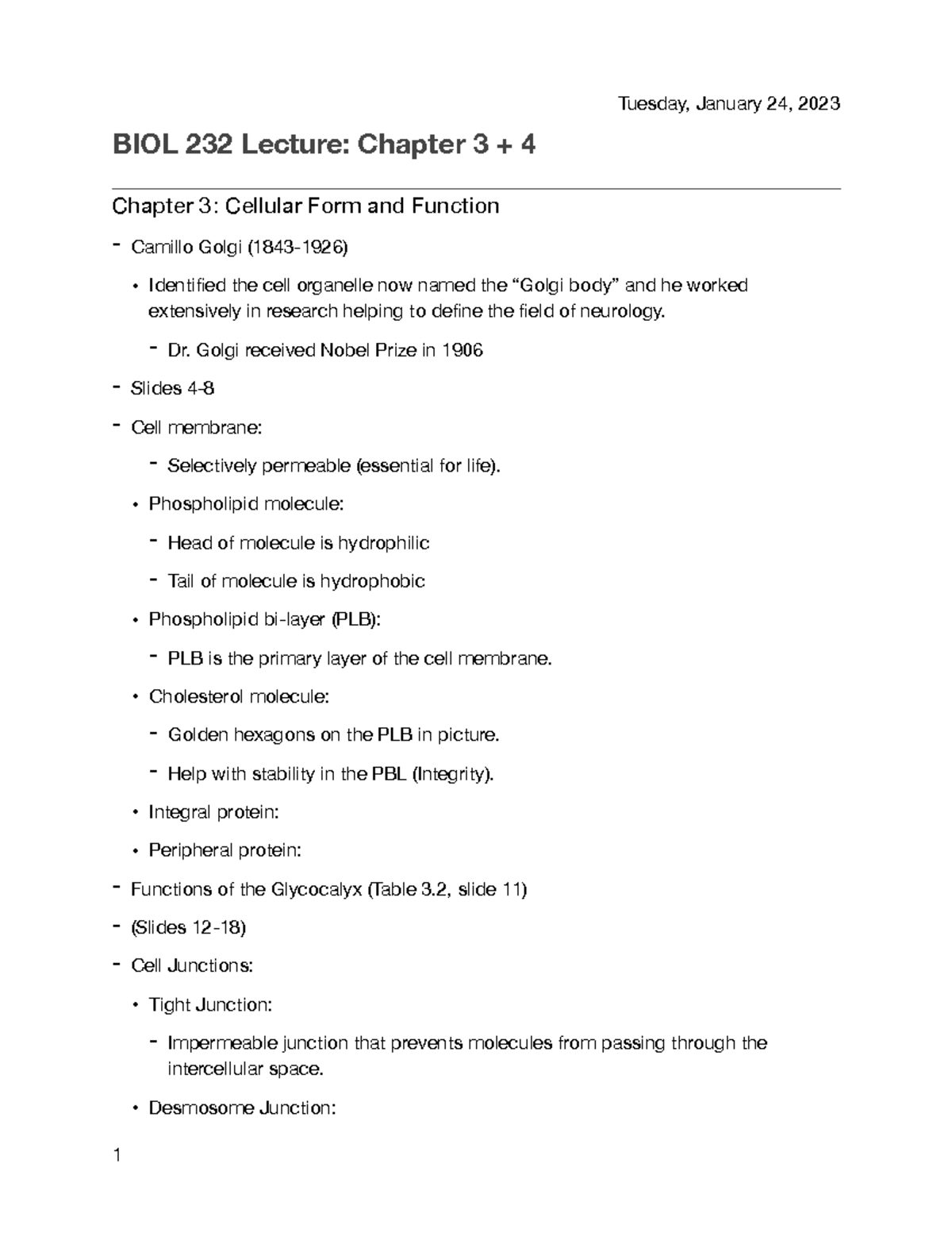 BIOL 232 Chapter 3+4 Notes - BIOL 232 Lecture: Chapter 3 + 4 Chapter 3 ...