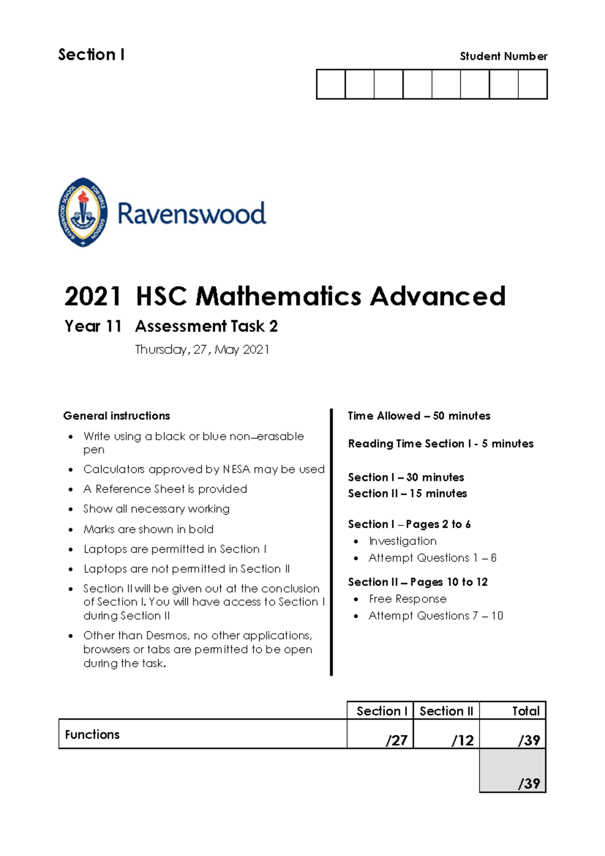 2021 11MAA AT2 Paper - Practice Assessment - Section I Student Number ...