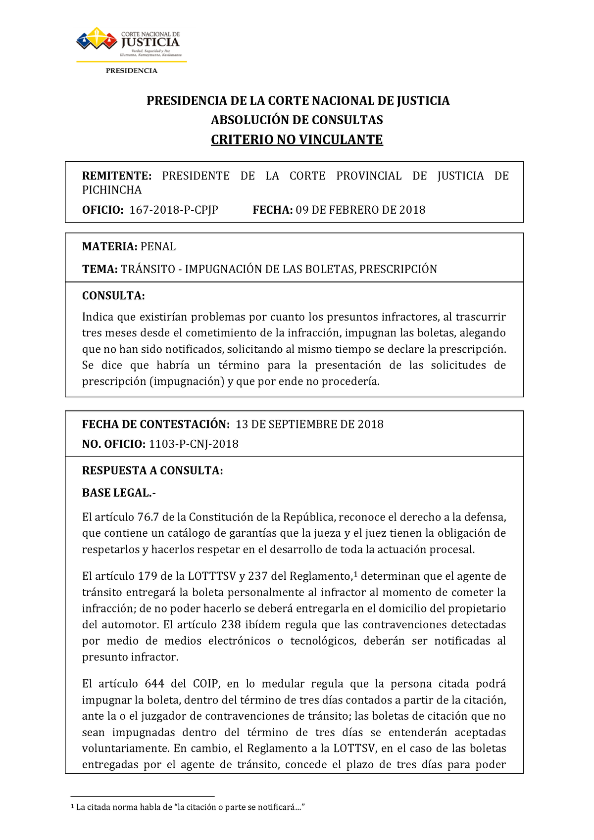 Prescripción Tránsito - PRESIDENCIA DE LA CORTE NACIONAL DE JUSTICIA ...