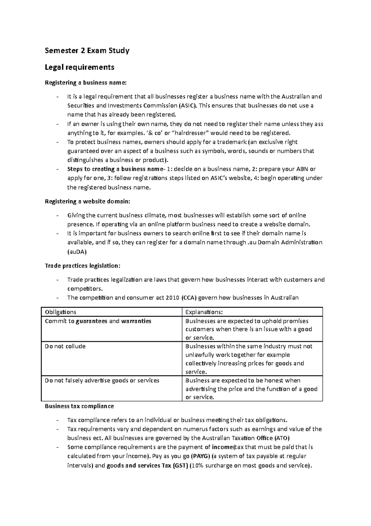 Semester 2 Exam Study note - Semester 2 Exam Study Legal requirements ...