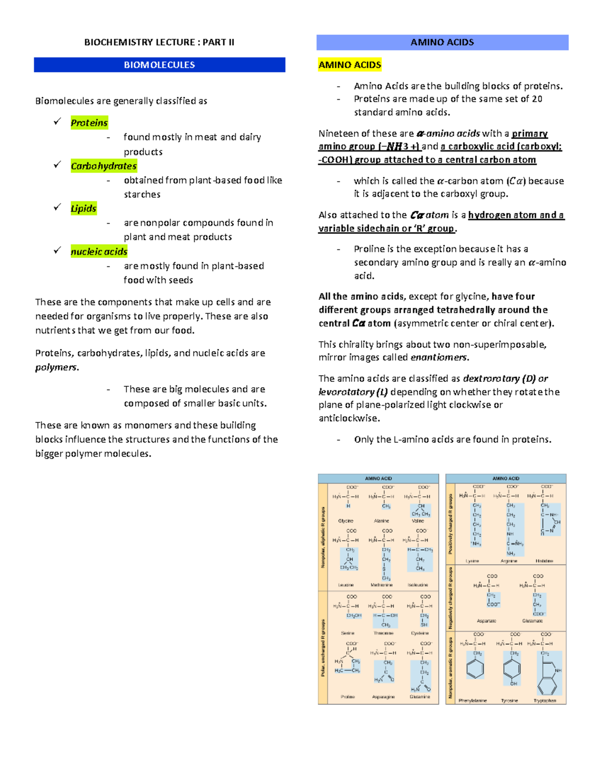 Biochem PART II BIOCHEMISTRY LECTURE PART II BIOMOLECULES