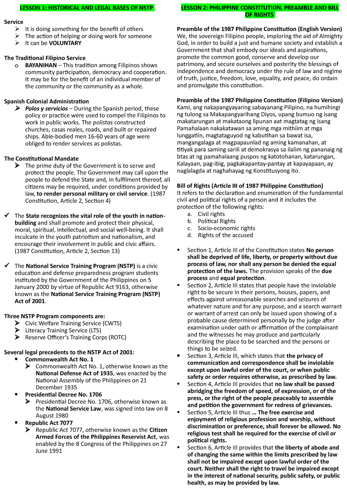 NSTP-CWTS- Pointers - NSTP Reviewer - LESSON 1: HISTORICAL AND LEGAL ...