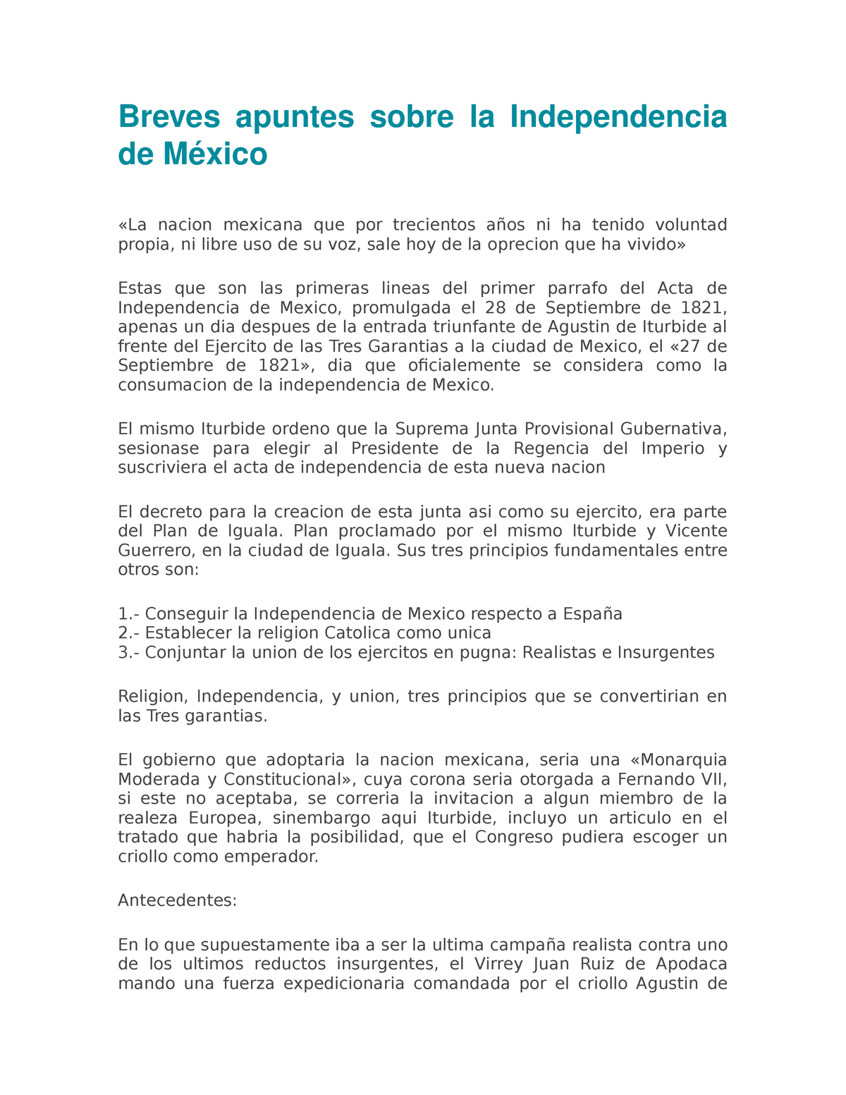 Breves apuntes sobre la Independencia de México Breves apuntes sobre