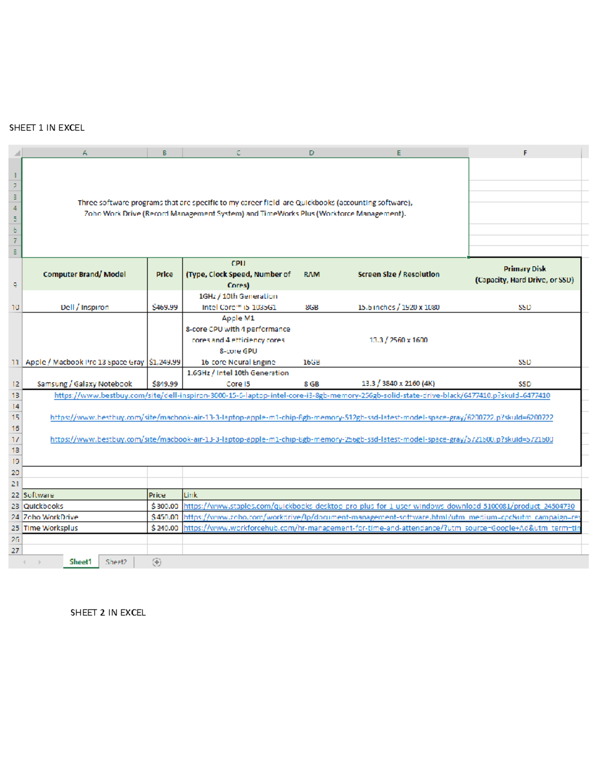 Laptop Computer System Research - BIT-200 - SHEET 1 IN EXCEL SHEET 2 IN ...