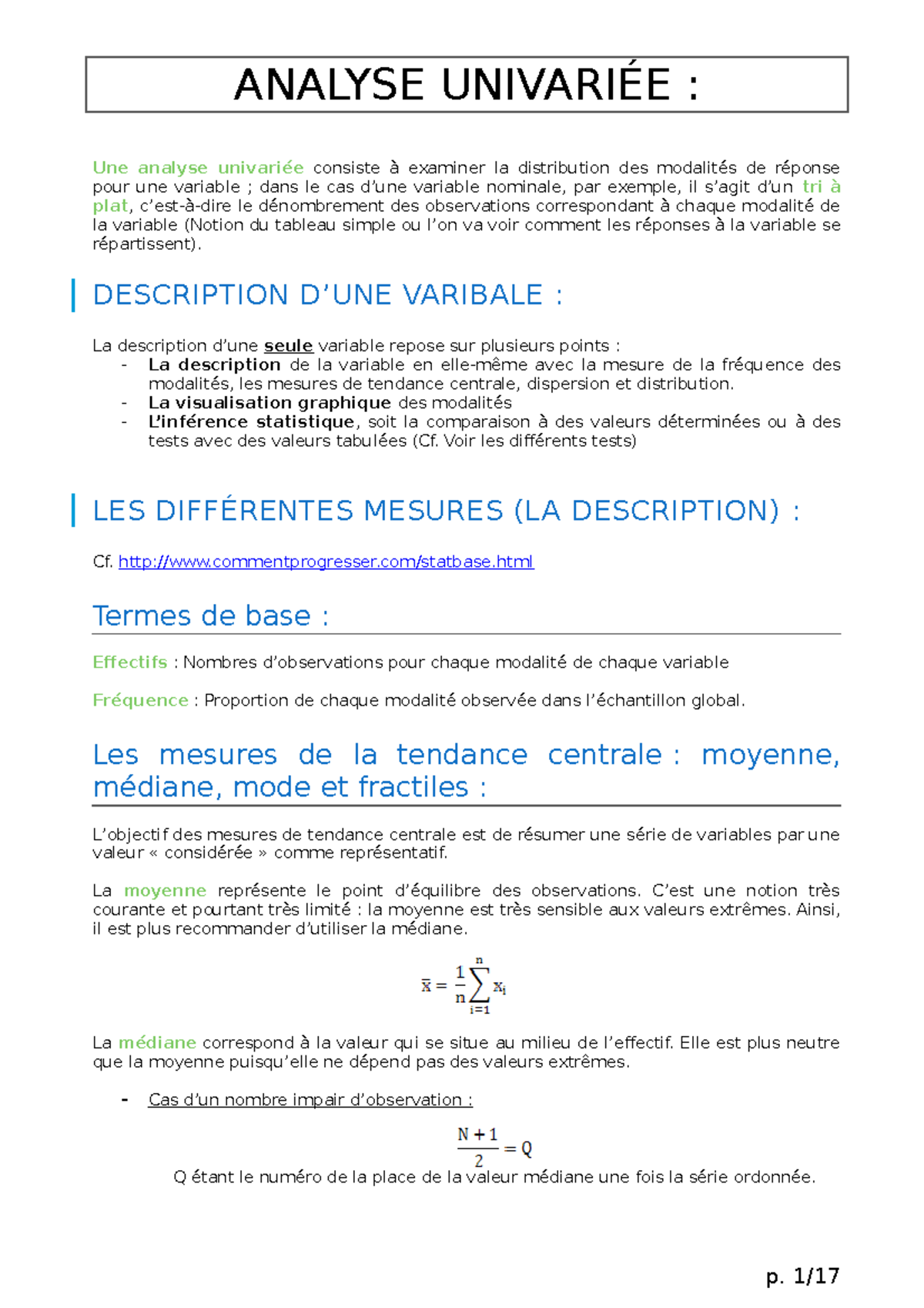 Analyse de données - Thème 1 - Analyse Univariee - ANALYSE UNIVARIÉE ...