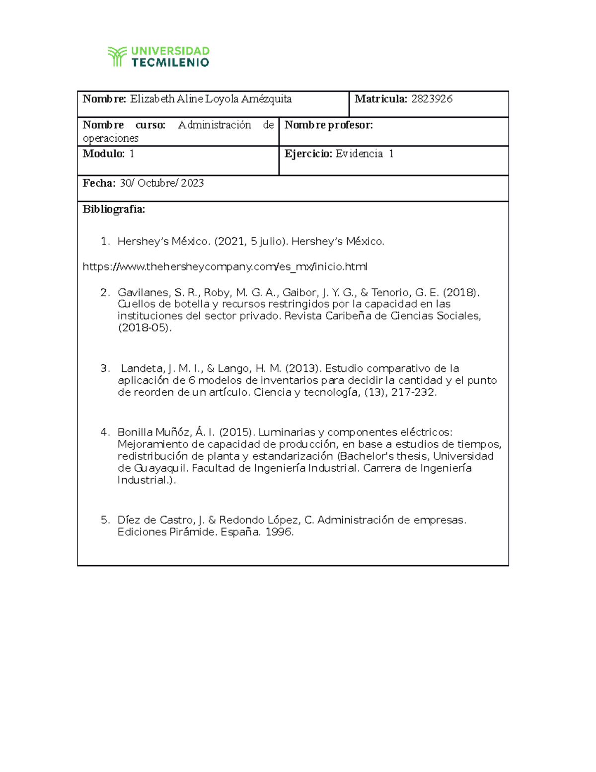 EV 1. Administración De Operaciones - Nombre: Elizabeth Aline Loyola ...