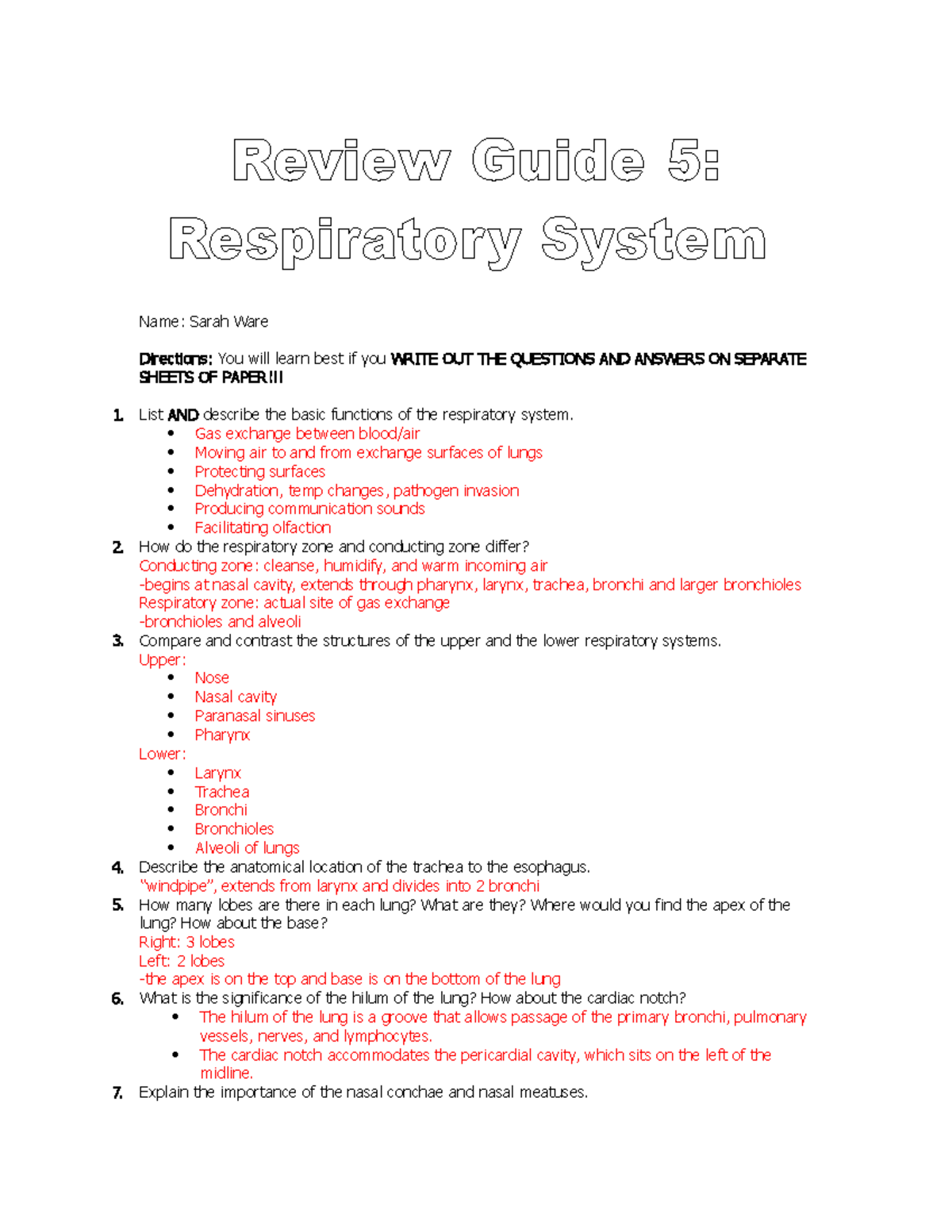 Respiratory Review Guide - Name: Sarah Ware Directions: You will learn ...