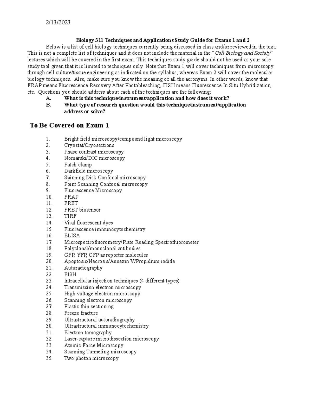 311 Techniques Spring 2023 - 2/13/ Biology 311 Techniques and ...