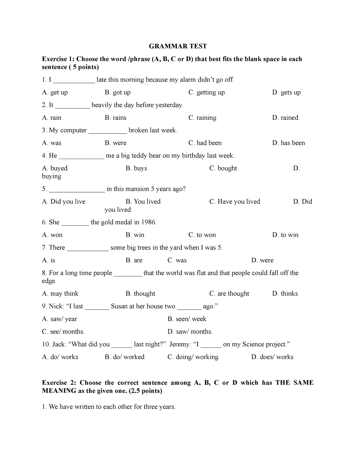 GRAMMAR TEST_U1_friendsglobal - GRAMMAR TEST Exercise 1: Choose The ...