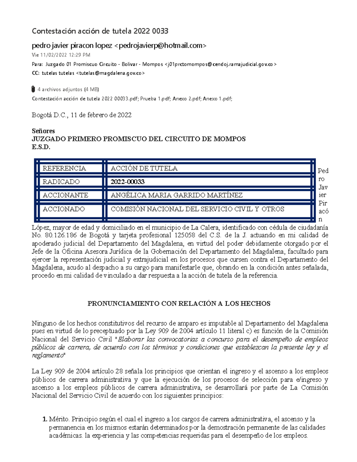 Contestación acción de tutela 2022 0033 - REFERENCIA ACCIÓN DE TUTELA ...
