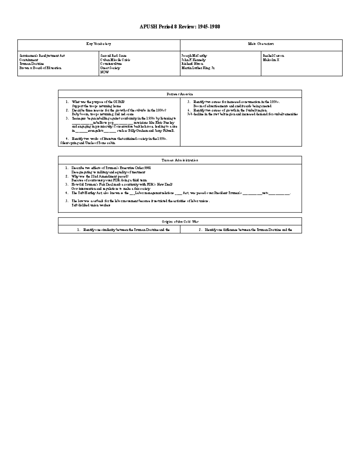 Unit 8 Review Apush - APUSH Period 8 Review: 1945- Key Vocabulary Main ...