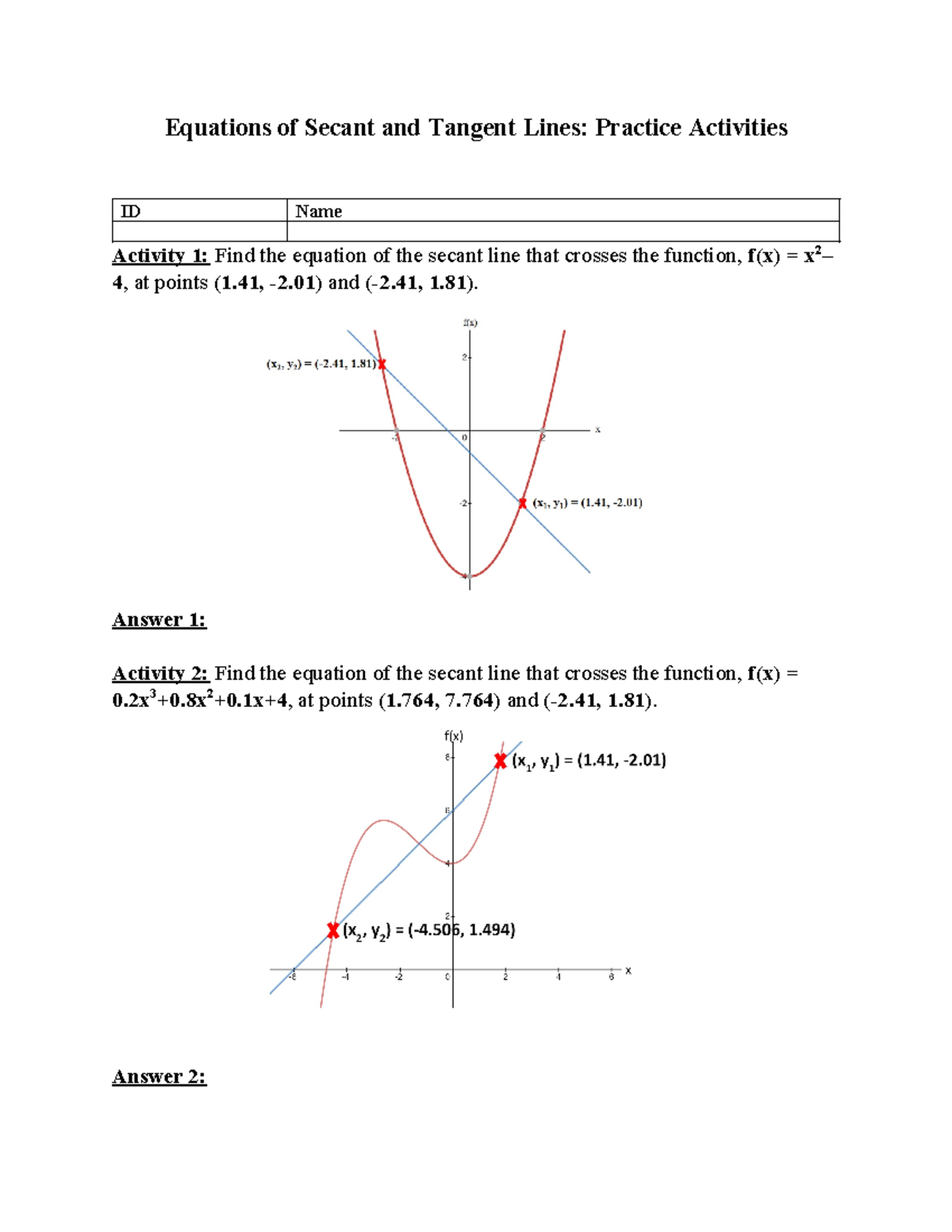 Equations Secant Tangent Lines Practice - Equations of Secant and ...