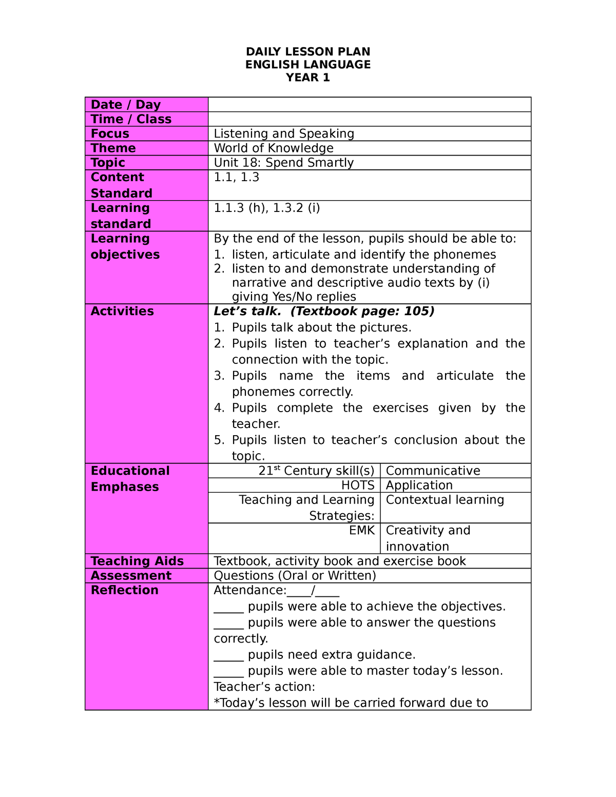 18 13`413413 Daily Lesson Plan English Language Year 1 Date Day Time Class Focus 5025