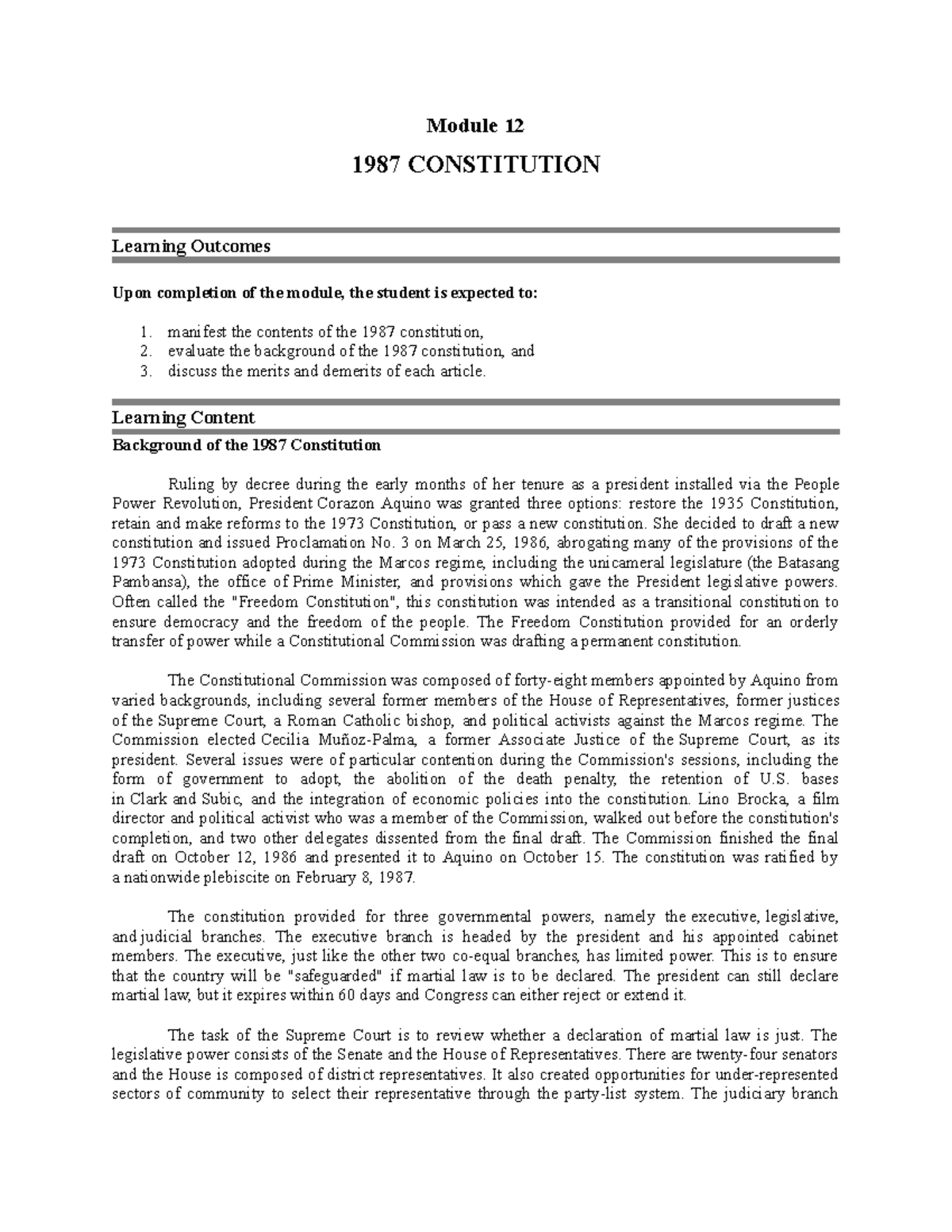 Module 16 1987 Constitution - Module 12 1987 CONSTITUTION Learning ...