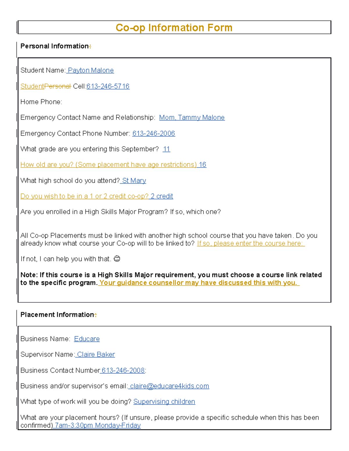 Summer Coop Information Form revised Coop Information Form Personal