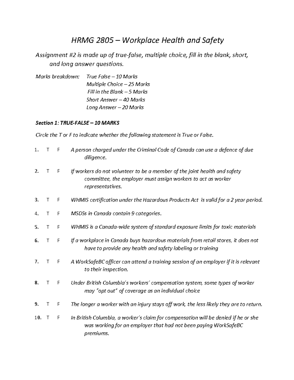 Assignment #2 - Final Exam - HRMG 2805 – Workplace Health And Safety ...